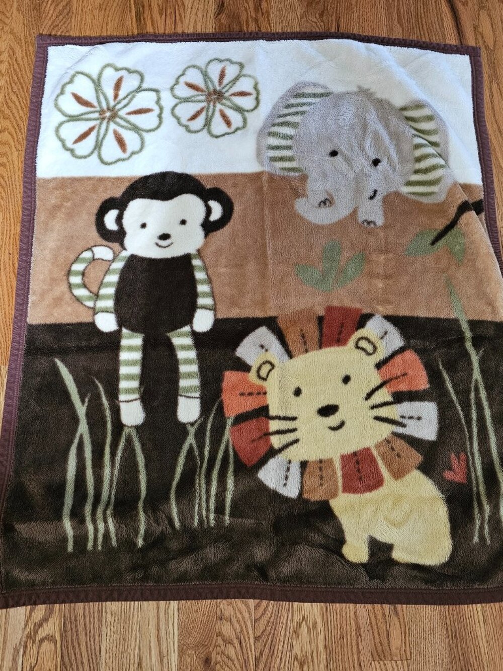 Cocalo Brown Plush Infant Crib Baby Blanket Jungle Safari Monkey Elephant Lion